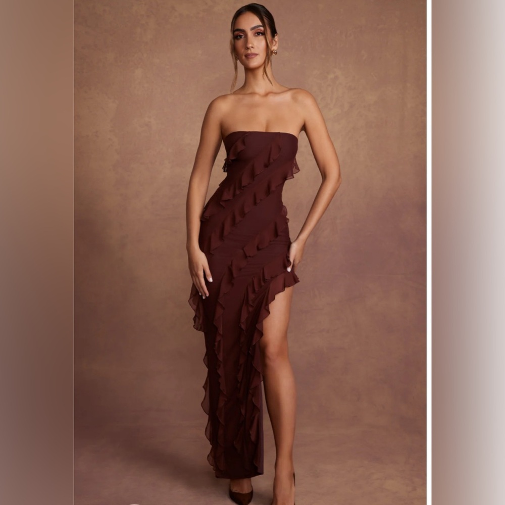 NWT Oh Polly Nevali Bandeau Strapless Ruffle Brown Detail Maxi Dress - Size 4